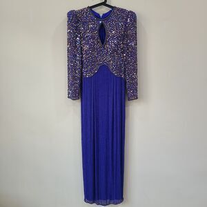 Vintage Ted Lapidus Paris Beaded Gown Royal Blue Gold Embellished Keyhole Formal